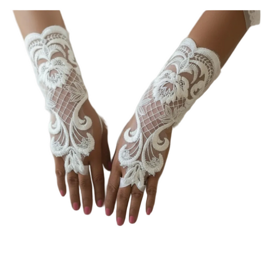 Back view of Pearl Bridal Gloves showing full length — GownLink G27S