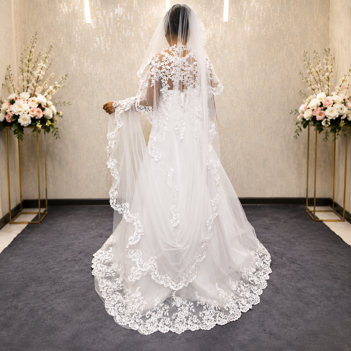 Model wearing Cathedral Bridal Veil with bridal gown — GownLink GLV1800W