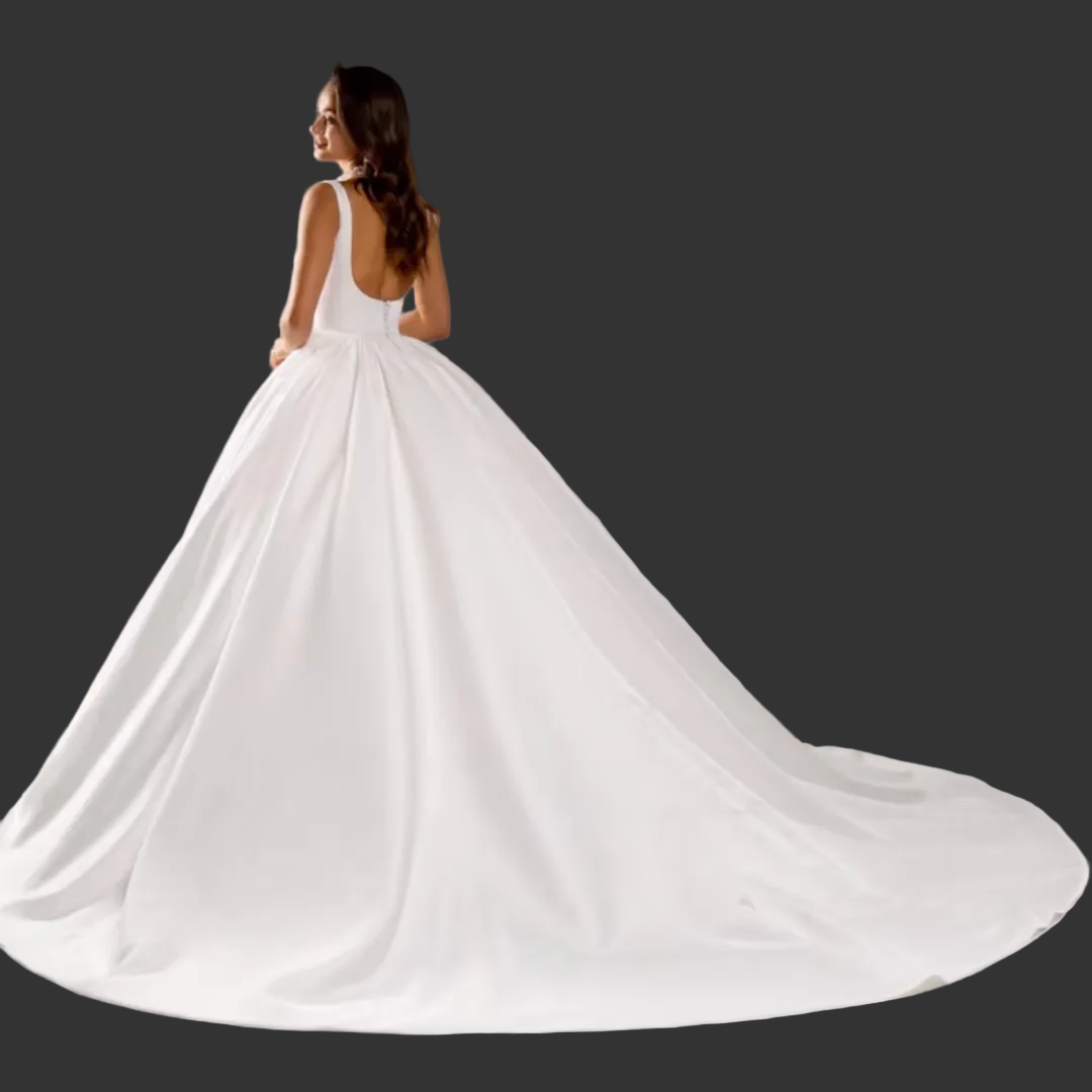 Detail of neckline and bodice on White Bridal Gown Satin with Train — GownLink GLHMST15