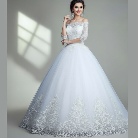 White Christian bridal ball gown featuring lace three-quarter sleeves, embroidered bodice, and voluminous tulle skirt
