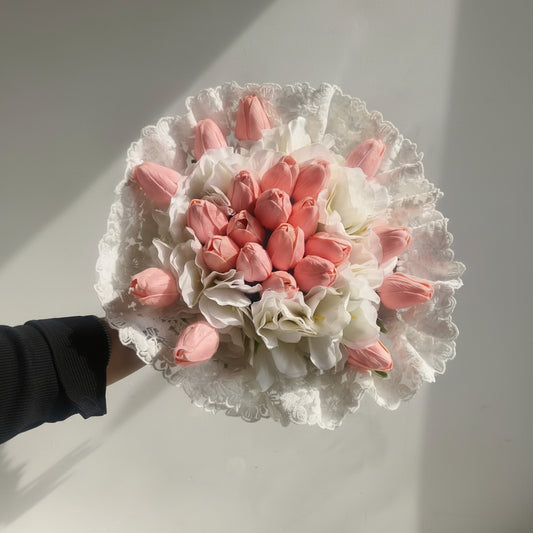 Close-up of flower arrangement in White Bridal Bouquet — GownLink B132