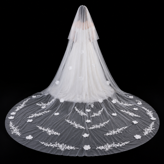 Back view of Cathedral Bridal Veil showing full length and drape — GownLink GLVHM8