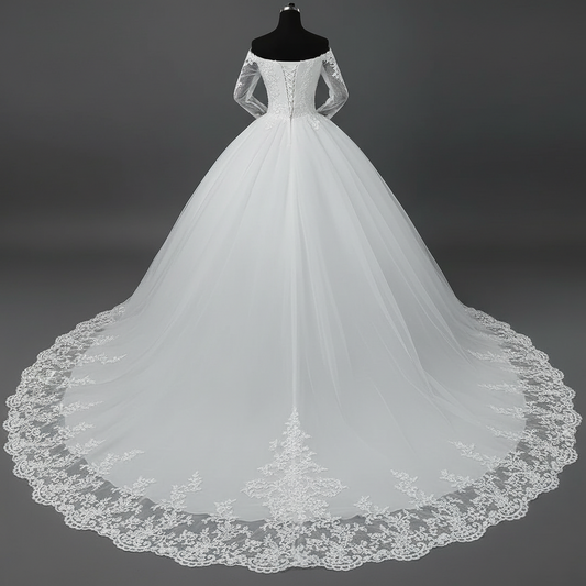 White Christian bridal ball gown featuring off-shoulder neckline, embroidered lace train, and long illusion sleeves for a timeless church wedding