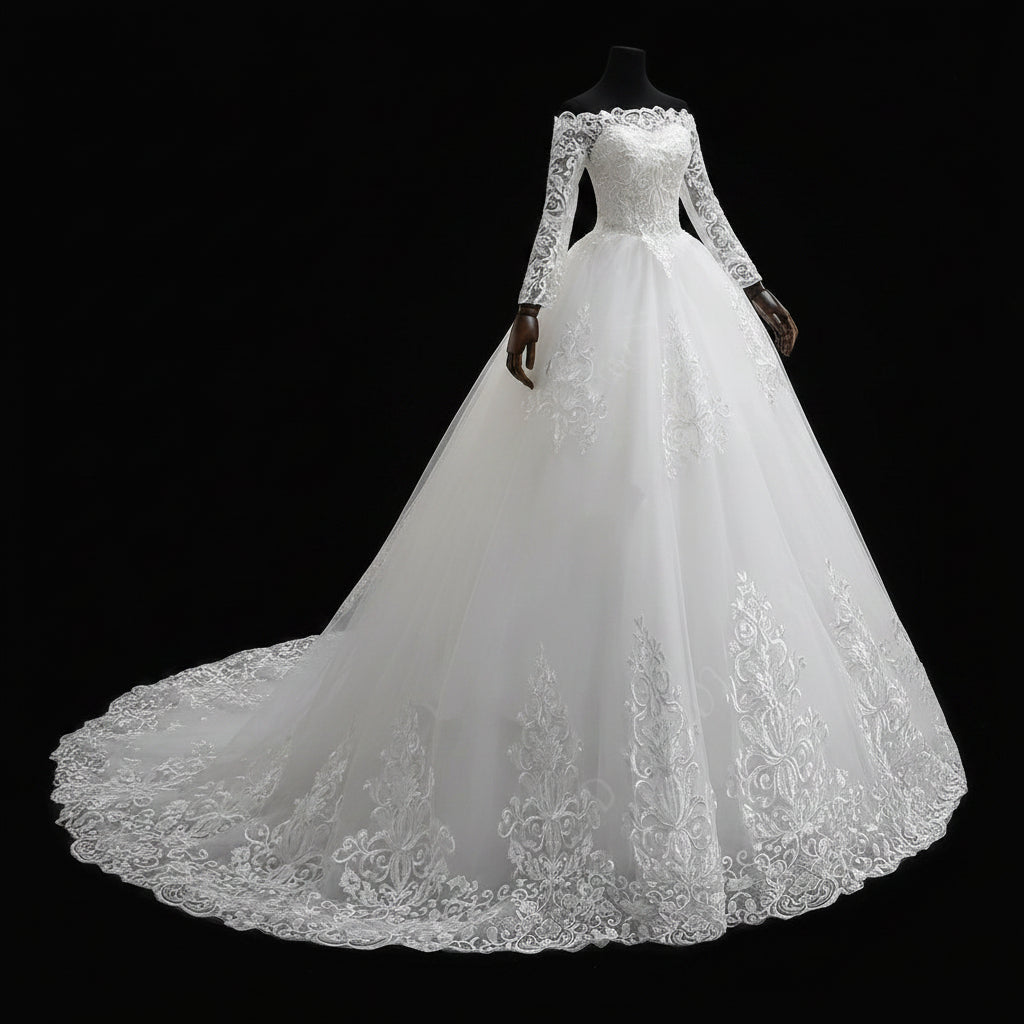 Side profile view of White Bridal Gown with Off Shoulder showing silhouette — GownLink GLQD09T