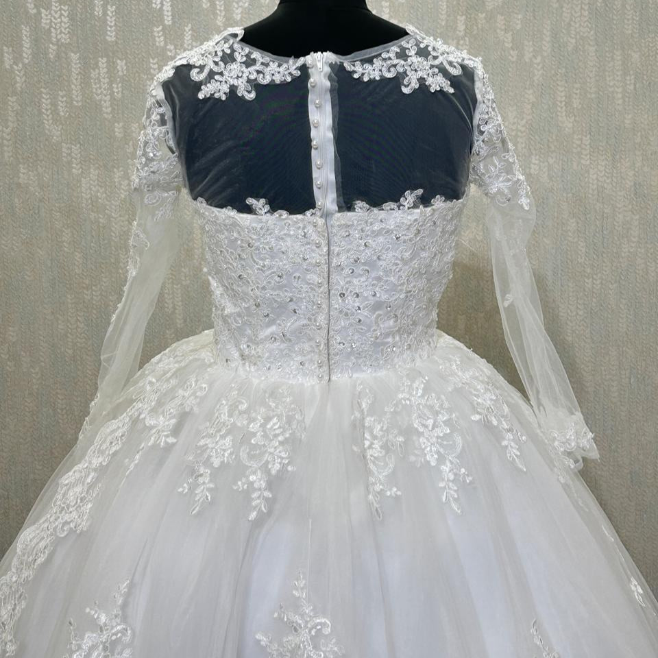 GownLink Stunning Train Gown White Church Wedding Gown with Beaded Lace GLGT009