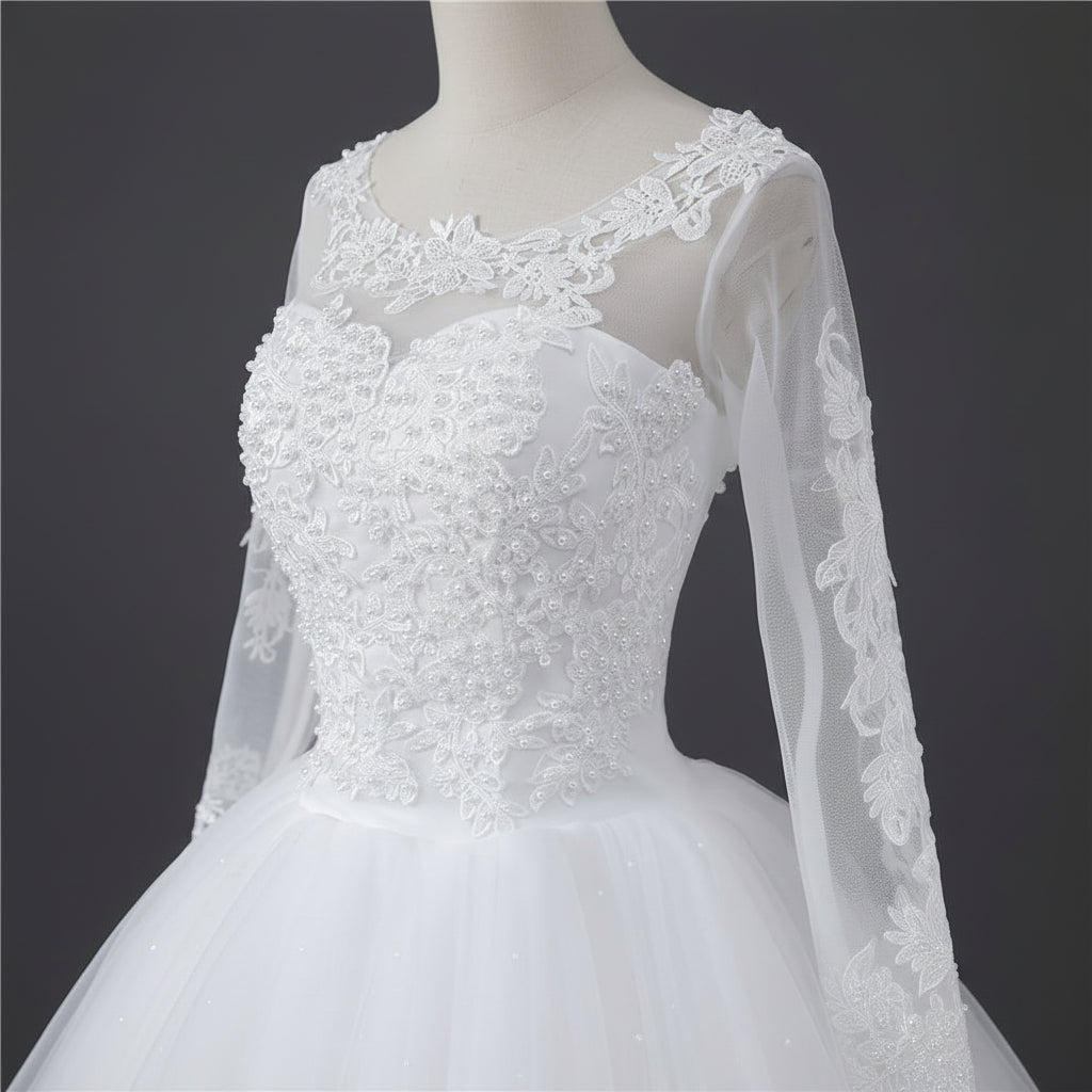 Detail of neckline and bodice on White Ball Gown — GownLink GLGF042B