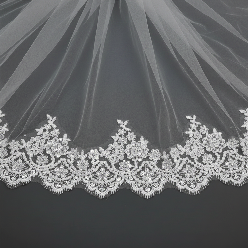 Close-up of lace edge detail on Cathedral Bridal Veil with Lace — GownLink GLVHM7