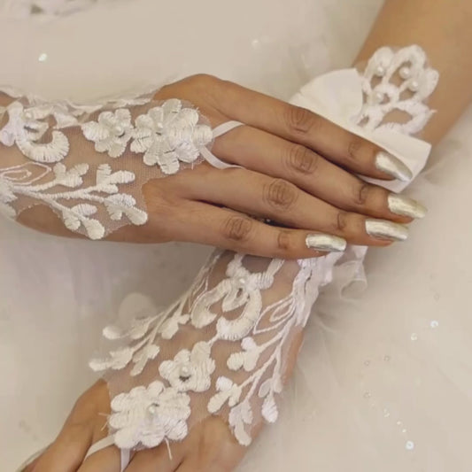 GownLink Gloves Adorned with Pearls of Elegance for Christian & Catholic Wedding G2