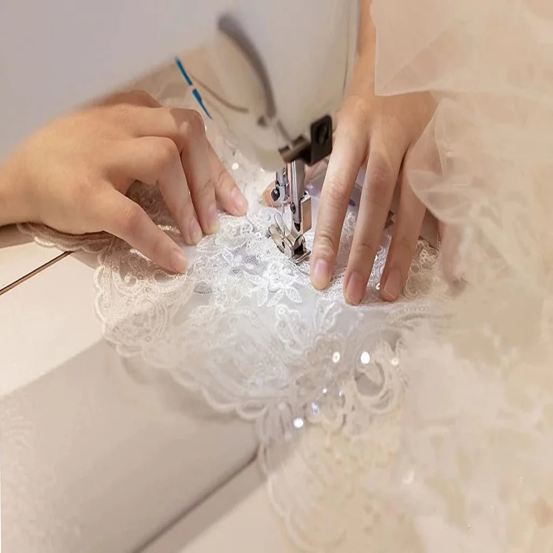 Model wearing Bridal Lace Patch with bridal gown — GownLink GLVHL02