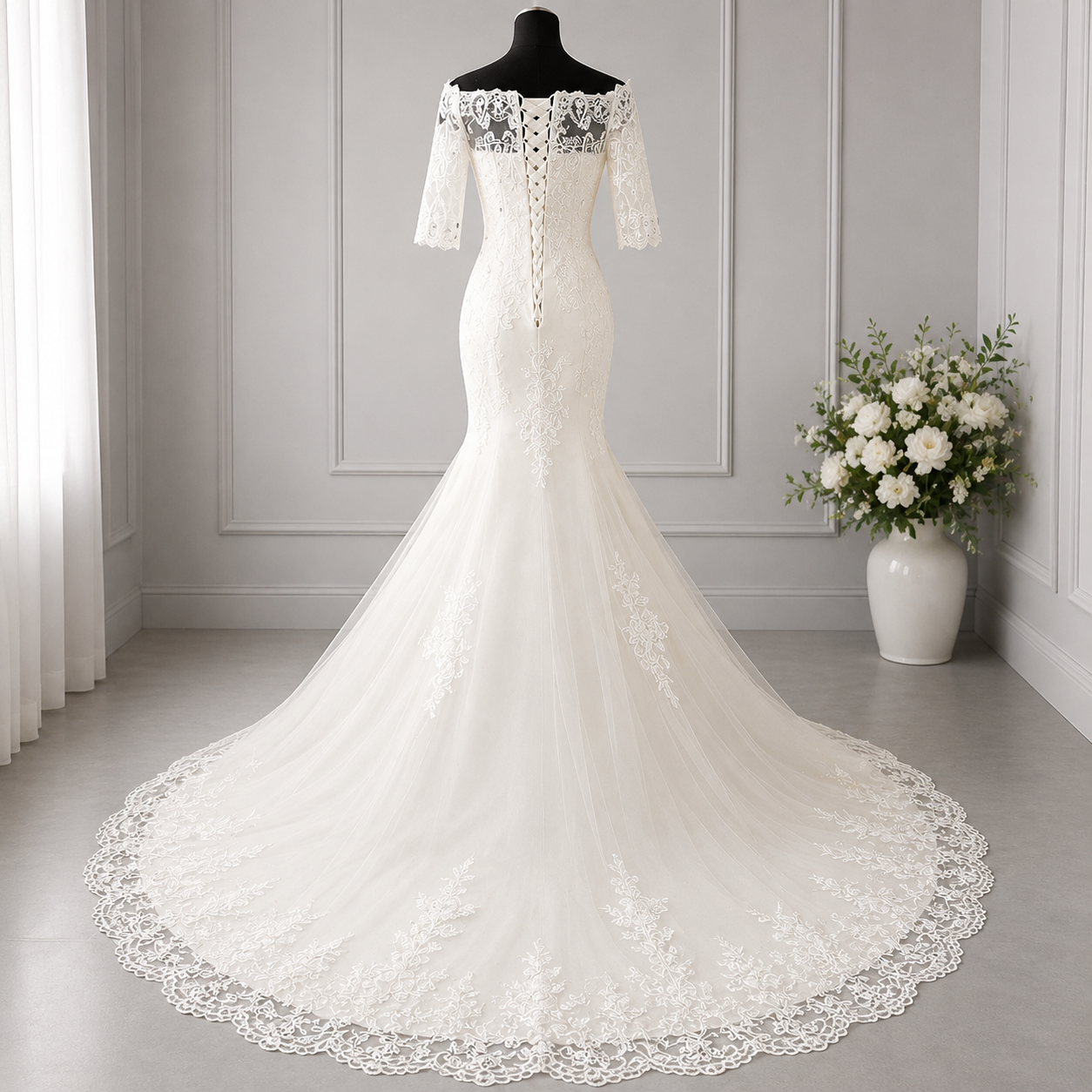 Gownlink Elegant White Mermaid Bridal Wedding Dress with Train for Christian Church Bride GLD-950