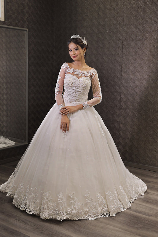 GownLink Radiant White Wedding Ball Gown with Pearl Beading GLGF042B