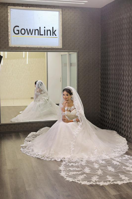 GownLink Wedding Long Cathedral 2 Tier Veil With Lace work