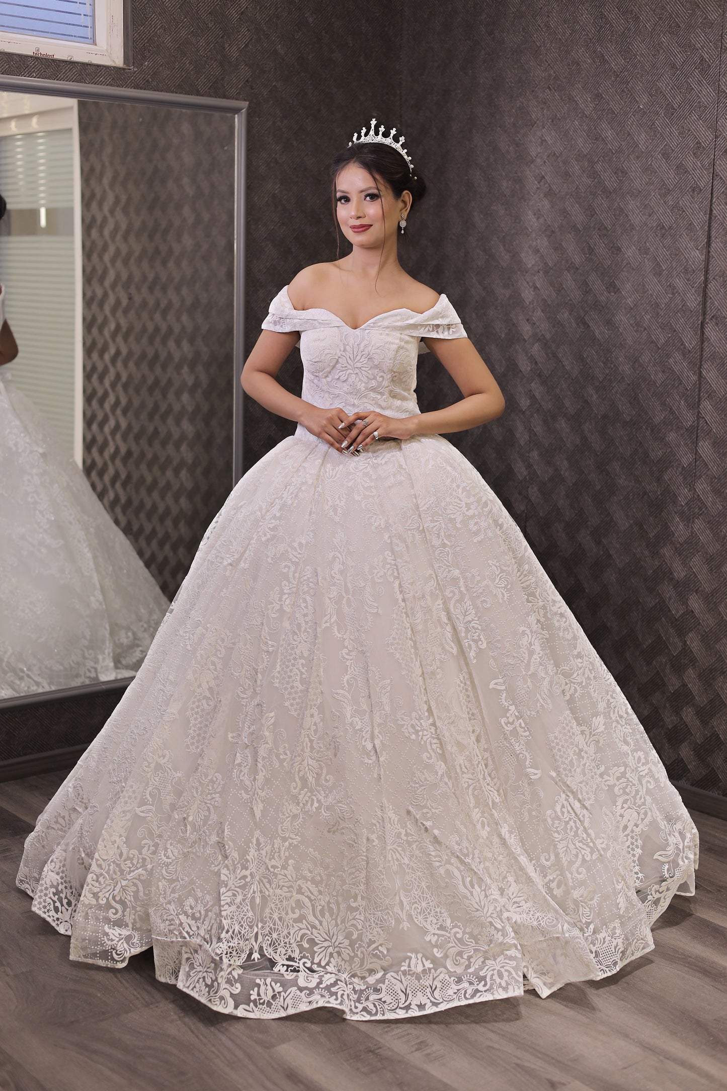 GownLink White Wedding Ball Gown with Off-the-Shoulder Sleeves GLGF108B