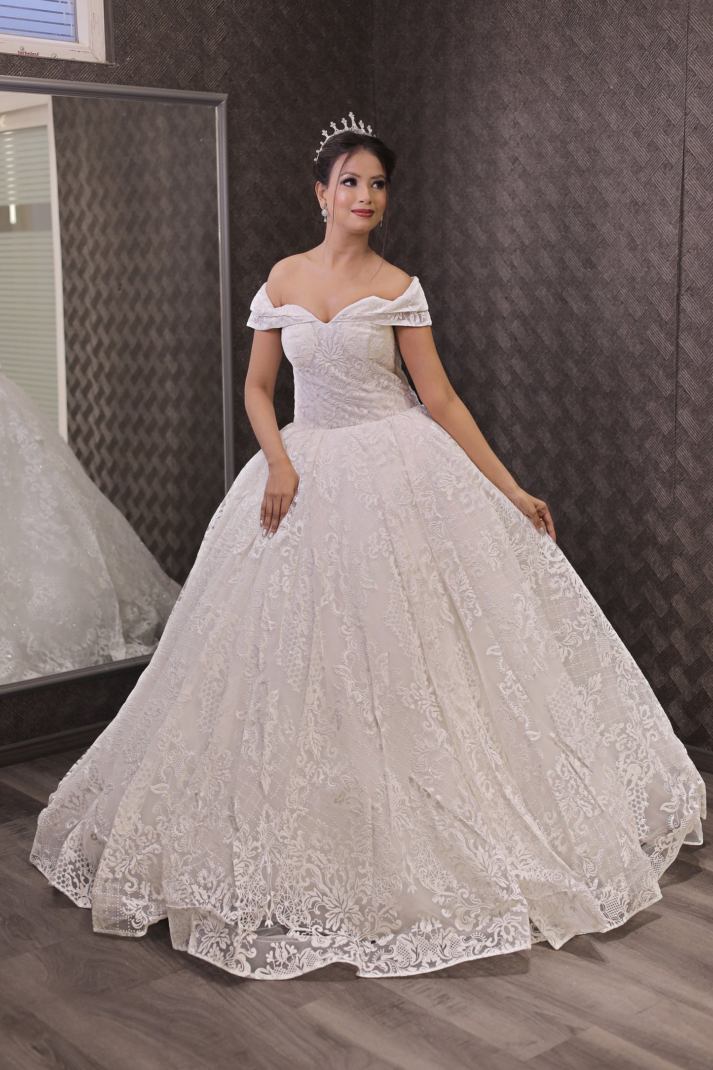 GownLink White Wedding Ball Gown with Off-the-Shoulder Sleeves GLGF108B