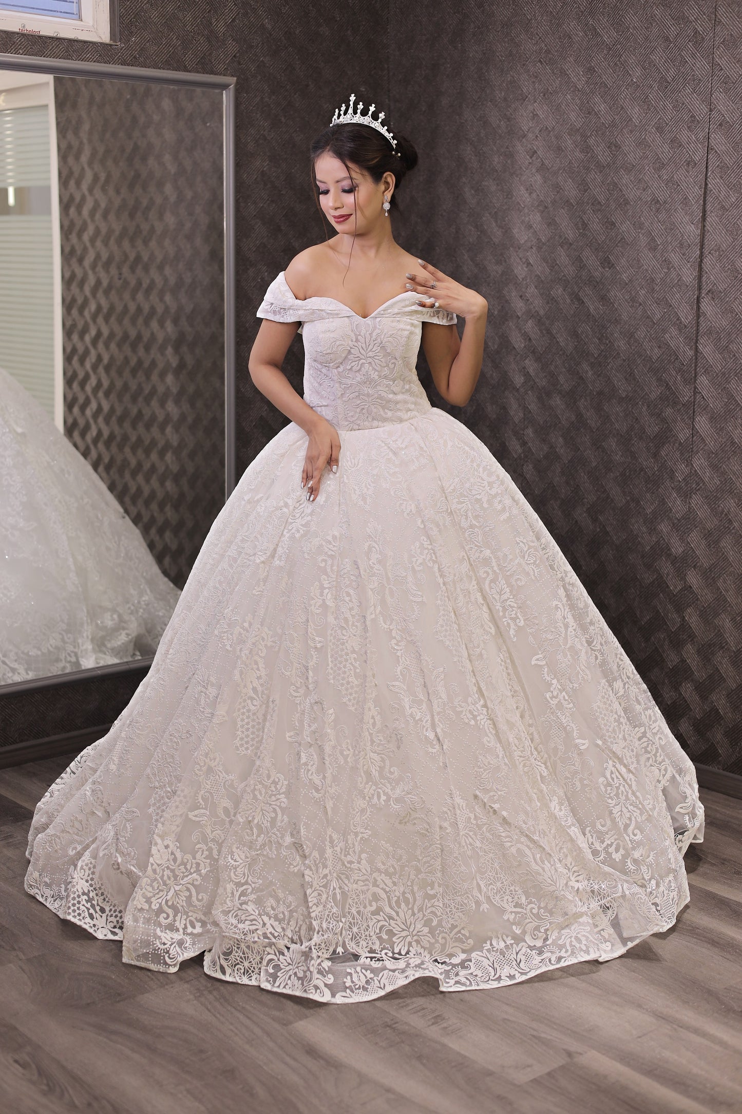 GownLink White Wedding Ball Gown with Off-the-Shoulder Sleeves GLGF108B