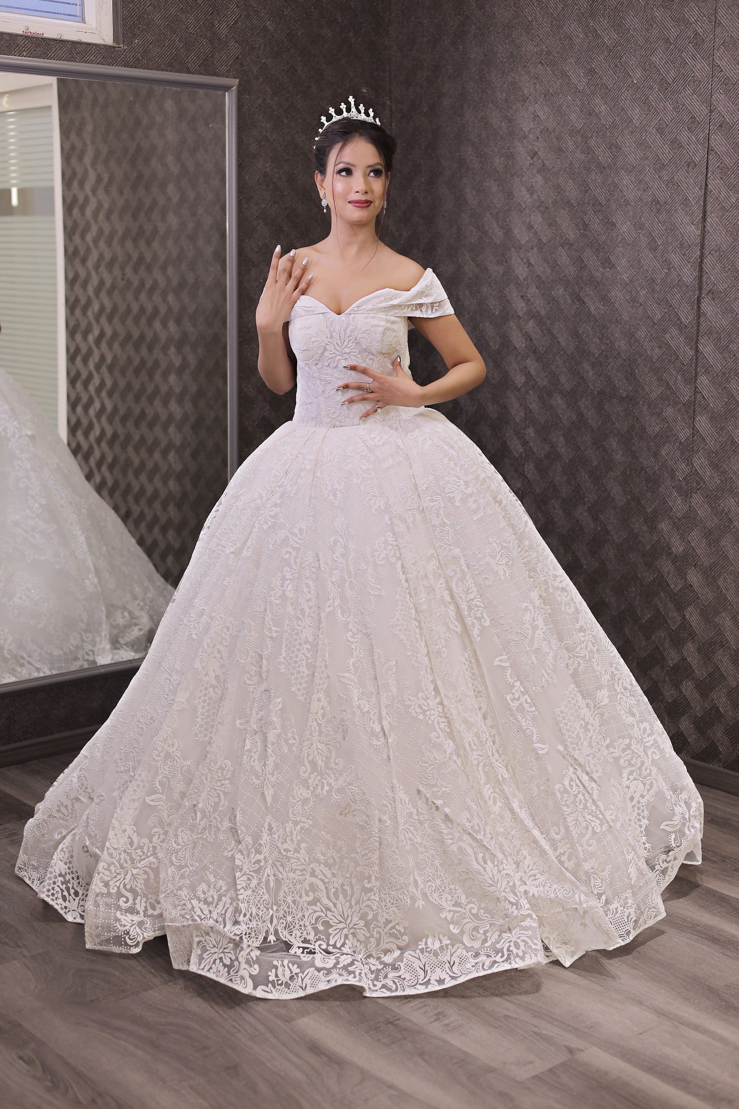 GownLink White Wedding Ball Gown with Off-the-Shoulder Sleeves GLGF108B