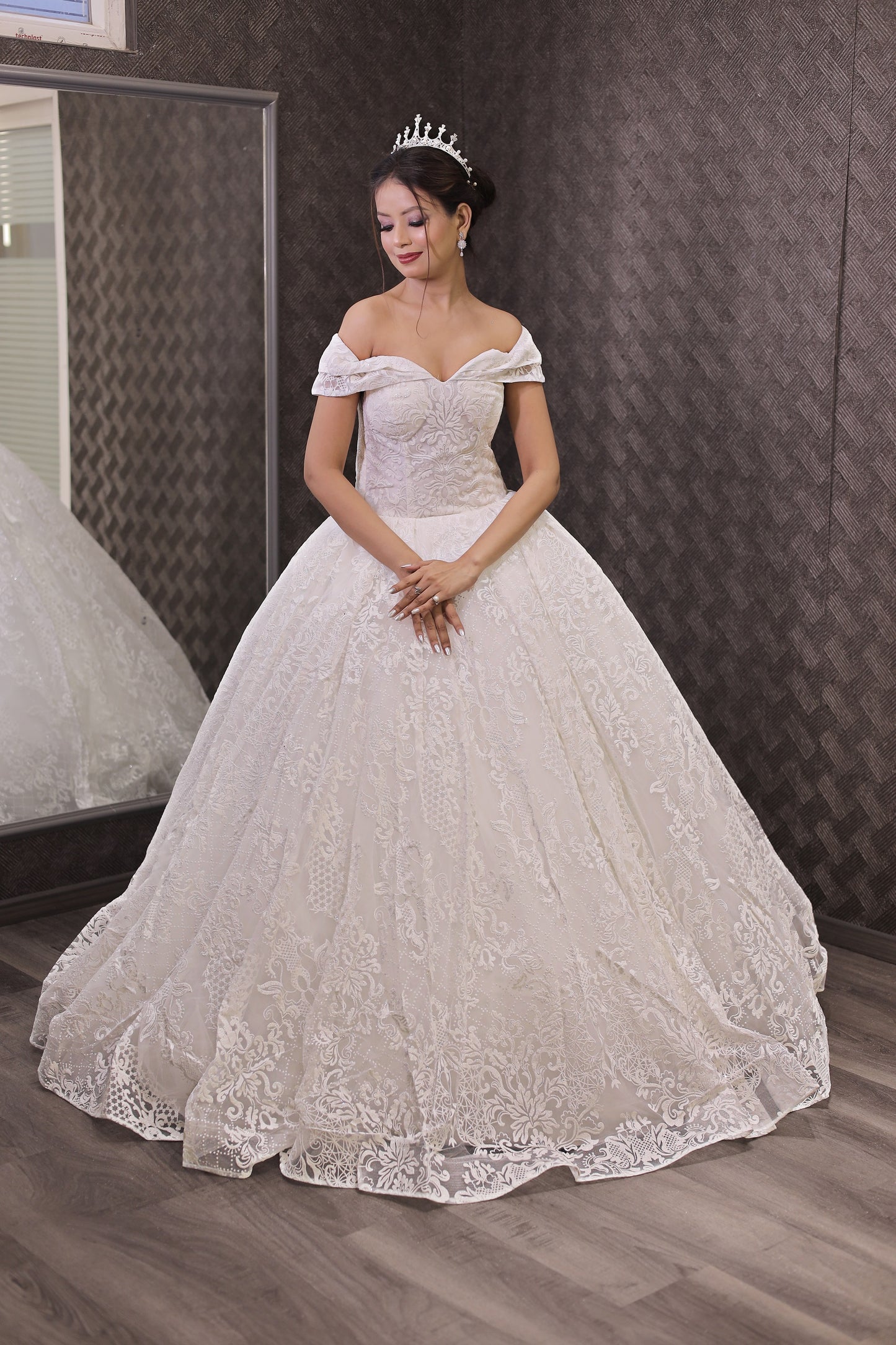 GownLink White Wedding Ball Gown with Off-the-Shoulder Sleeves GLGF108B