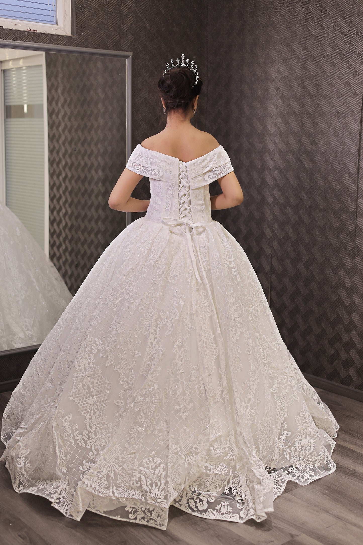 GownLink White Wedding Ball Gown with Off-the-Shoulder Sleeves GLGF108B