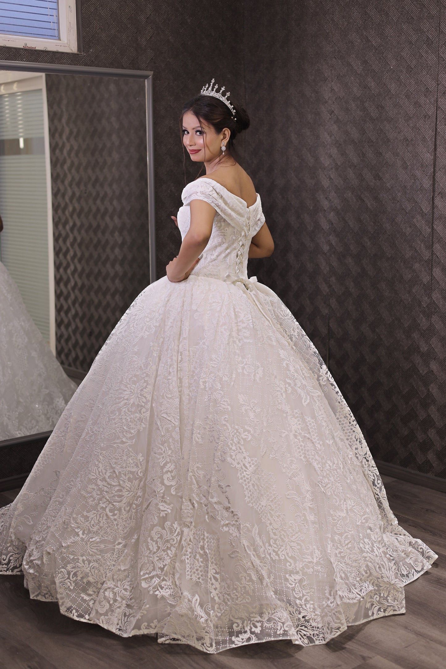 GownLink White Wedding Ball Gown with Off-the-Shoulder Sleeves GLGF108B