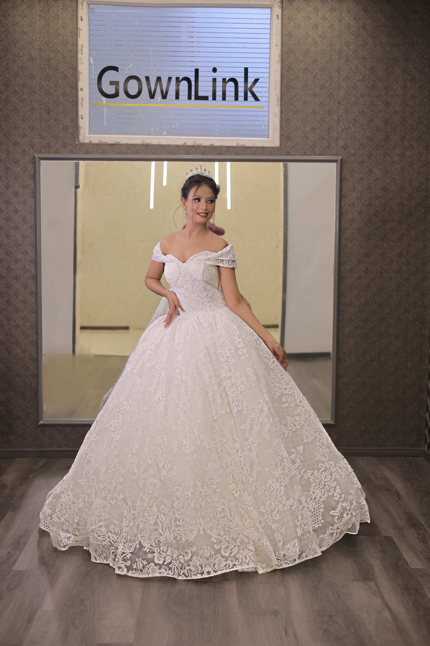 GownLink White Wedding Ball Gown with Off-the-Shoulder Sleeves GLGF108B