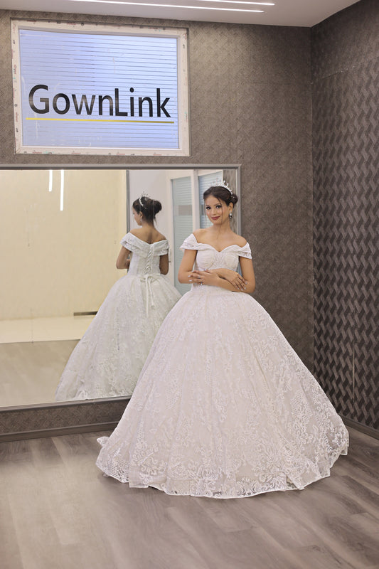 GownLink White Wedding Ball Gown with Off-the-Shoulder Sleeves GLGF108B