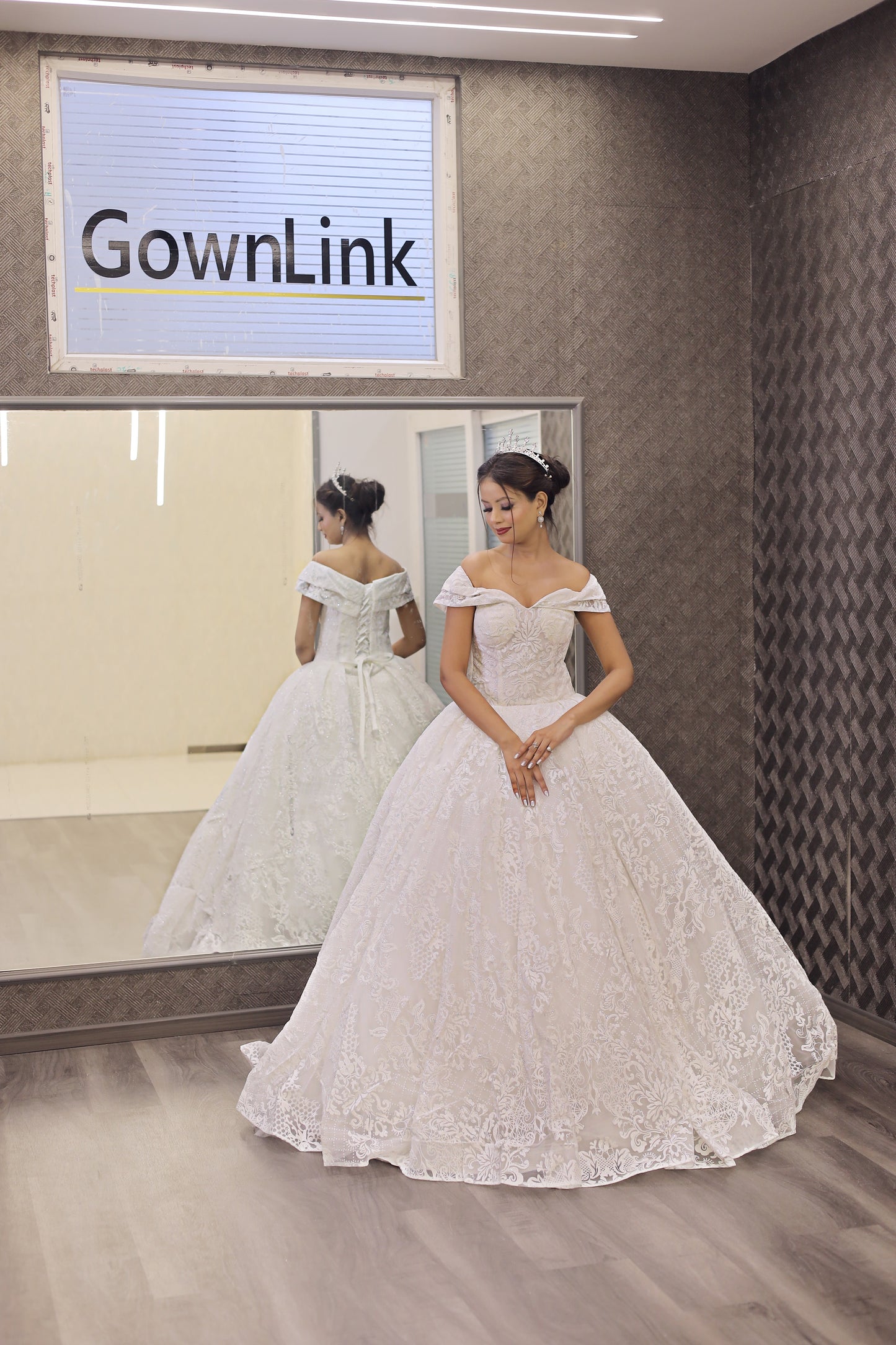 GownLink White Wedding Ball Gown with Off-the-Shoulder Sleeves GLGF108B