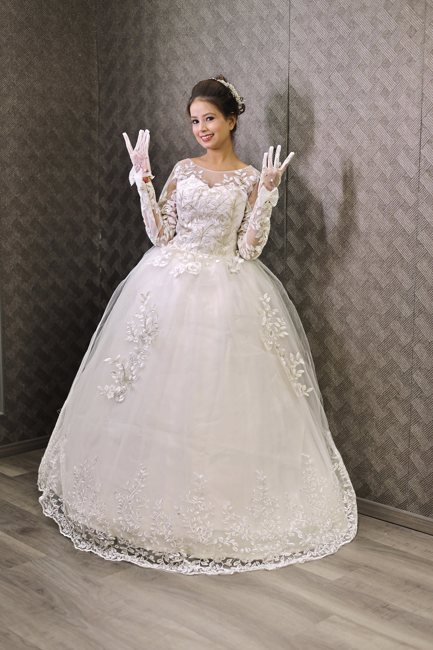 Gownlink White Christian Wedding Ball Gown with Lace Appliques Full Sleeves GLGF038