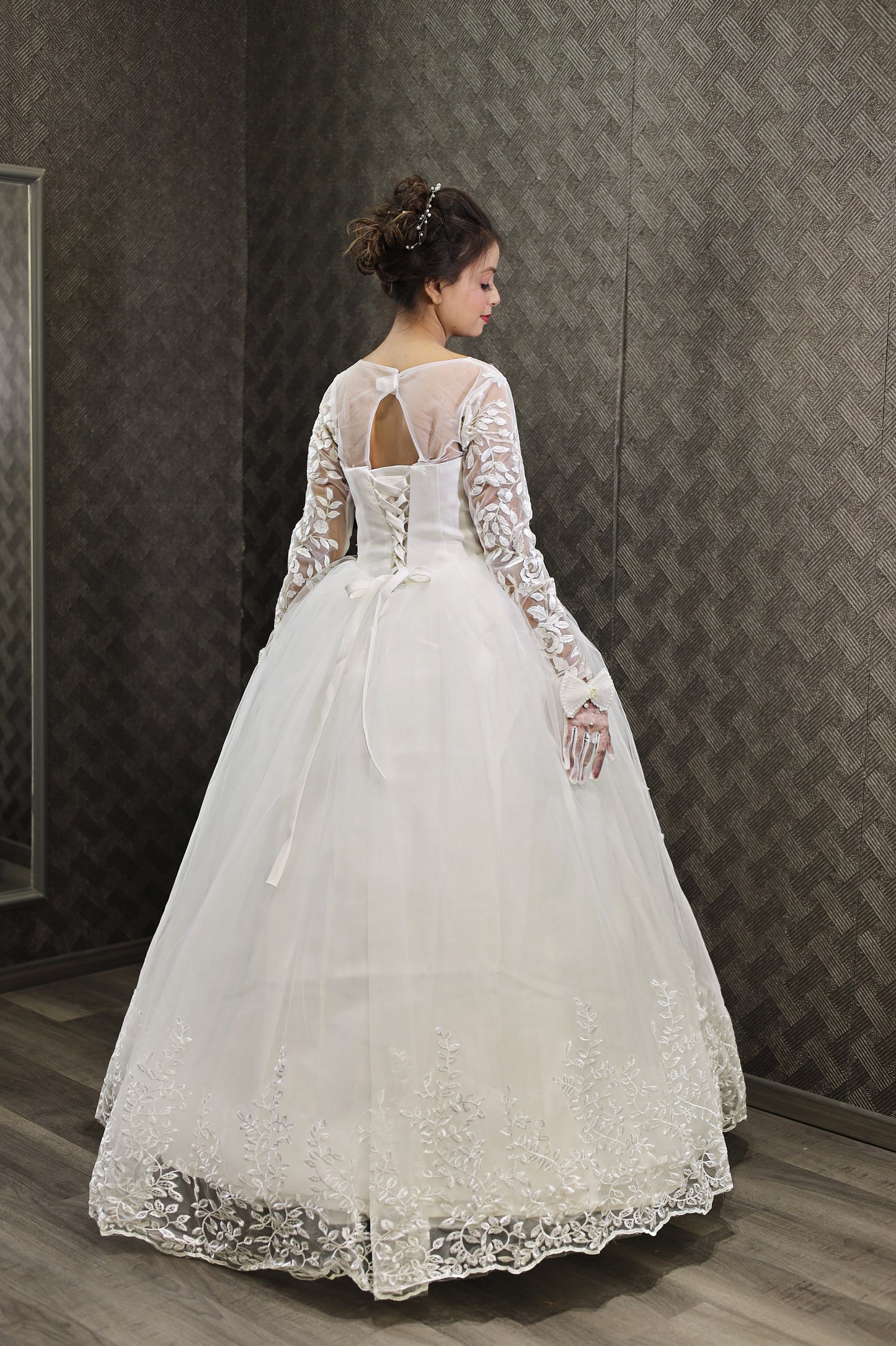 Gownlink White Christian Wedding Ball Gown with Lace Appliques Full Sleeves GLGF038