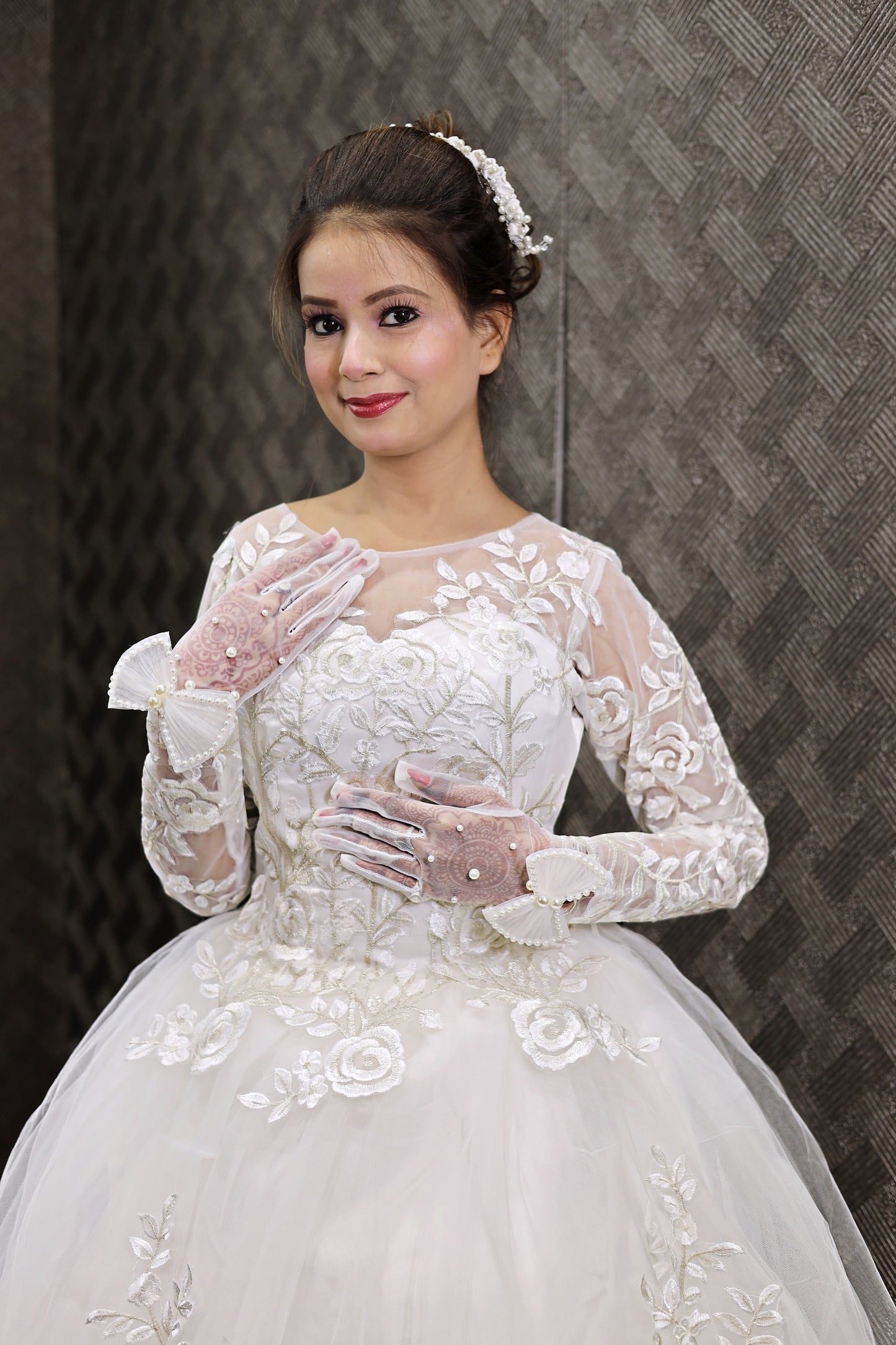 Gownlink White Christian Wedding Ball Gown with Lace Appliques Full Sleeves GLGF038