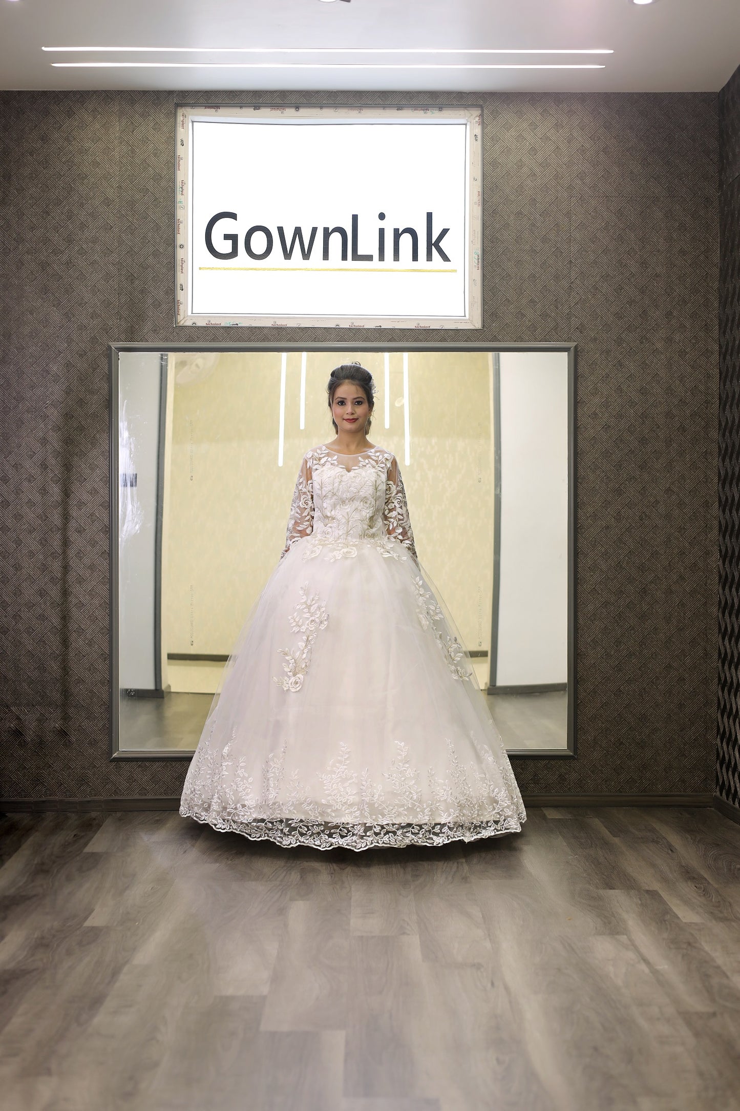 Gownlink White Christian Wedding Ball Gown with Lace Appliques Full Sleeves GLGF038