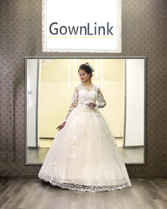 Gownlink White Christian Wedding Ball Gown with Lace Appliques Full Sleeves GLGF038