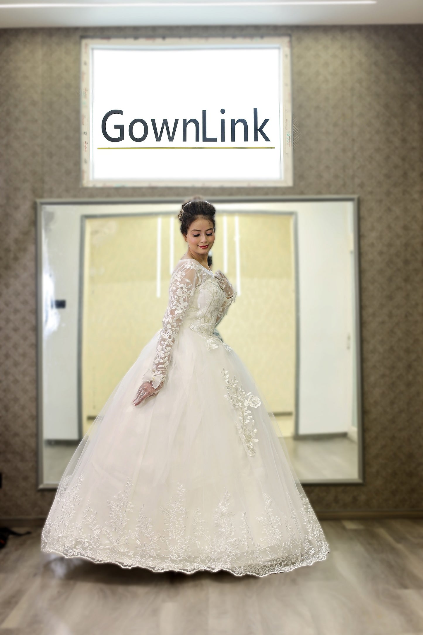 Gownlink White Christian Wedding Ball Gown with Lace Appliques Full Sleeves GLGF038