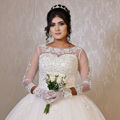 Sleeve detail close-up on White Ball Gown — GownLink GLGF042