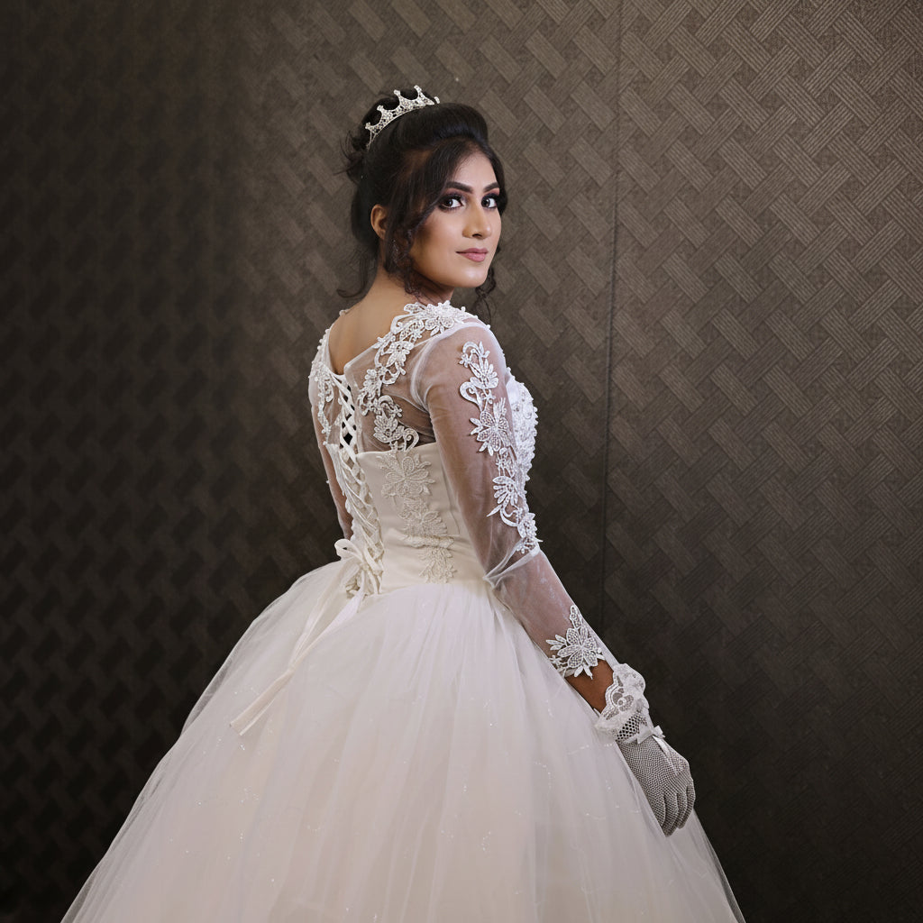 Back closure and button detail on White Ball Gown — GownLink GLGF042