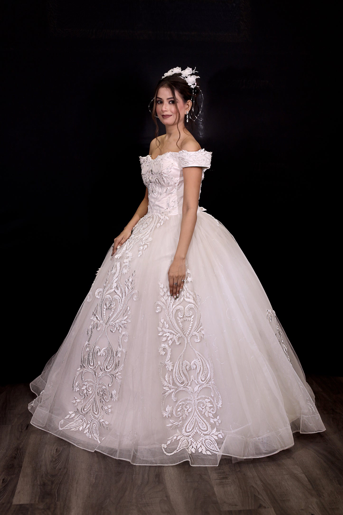 GownLink White Wedding Gown with Off Shoulder