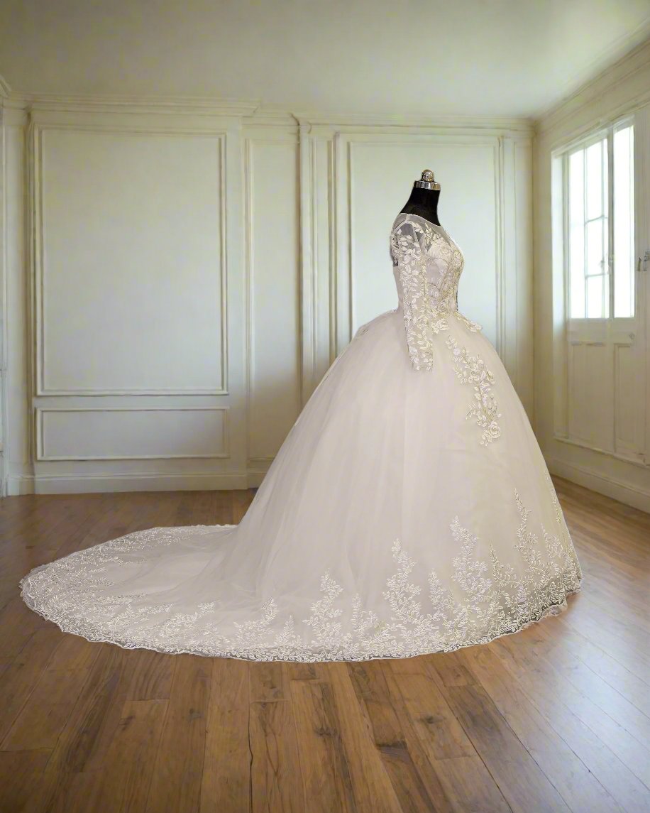 Gownlink  White Christian Wedding Train Gown with Lace Appliques GLGF038