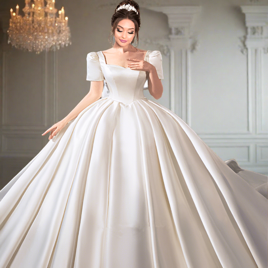 Embrace Eternal Grace in our Majestic White Satin Wedding Gown with Chapel Train for Christian & Catholic Wedding 
