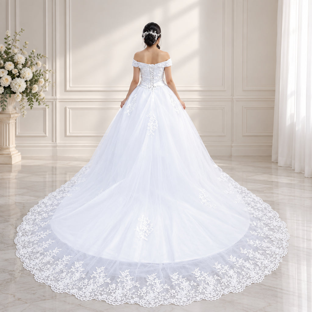 White Bridal Gown with Off-Shoulder — GLHS14T | GownLink