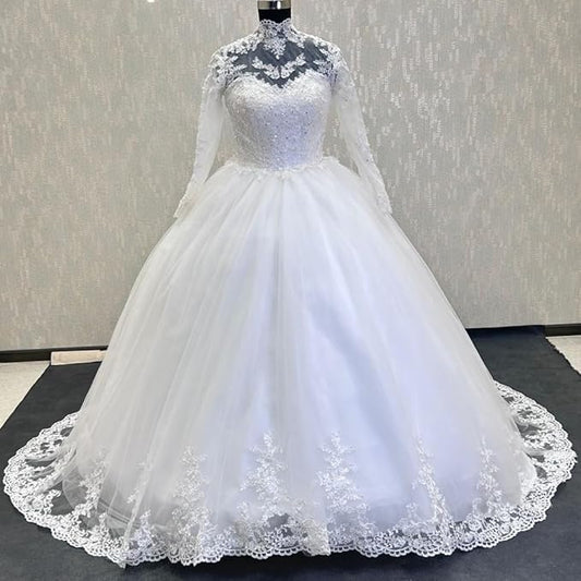 GownLink High Neck White Wedding Train Gowns for the High-End Bride GLW20