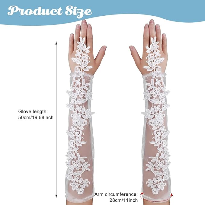 GownLink's  Lace Gloves Wedding Gloves for Bride Elbow Length Bridal Gloves Flower Jacquard Tulle White Gloves for Women GKD03