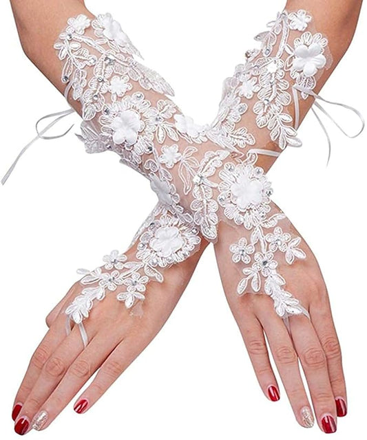 GownLink Lace Gloves Wedding Gloves for Bride Elbow Length Bridal with pearls Gloves G27S