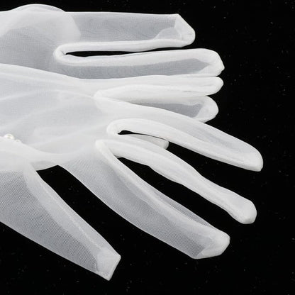 GownLink Lace Gloves Wedding Gloves for Bride Elbow Length Bridal Pearls Gloves Tulle Women G-97p
