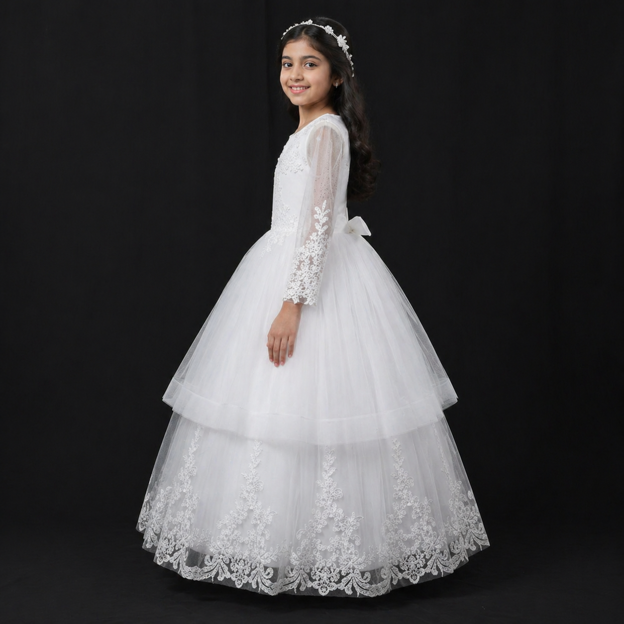 GownLink Girls First Holy Communion White Dress Lace Ball Gown with Belt for Church (HLC40B)