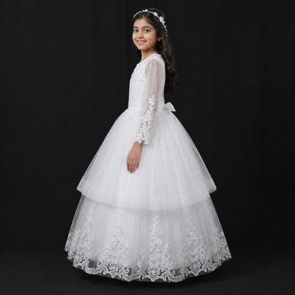 GownLink Girls First Holy Communion White Dress Lace Ball Gown with Belt for Church (HLC40B)