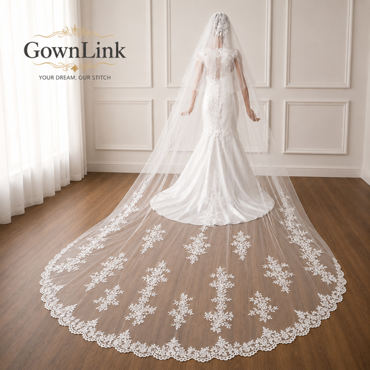 Front view of Long Bridal Veil draped over model — GownLink GLVL