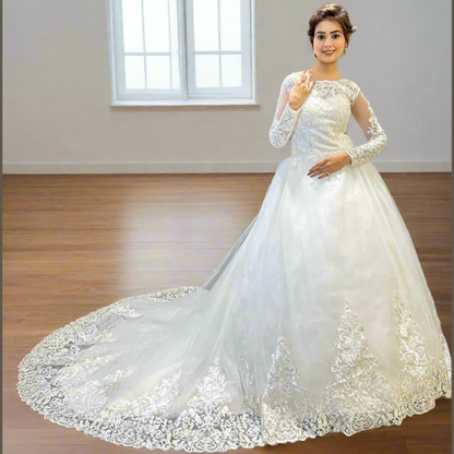 GownLink,s White Christian & Catholic Wedding Bridal Train Gown with Lace Appliques GL36CT