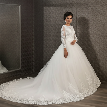 GownLink,s White Christian & Catholic Wedding Bridal Train Gown with Lace Appliques GL36CT