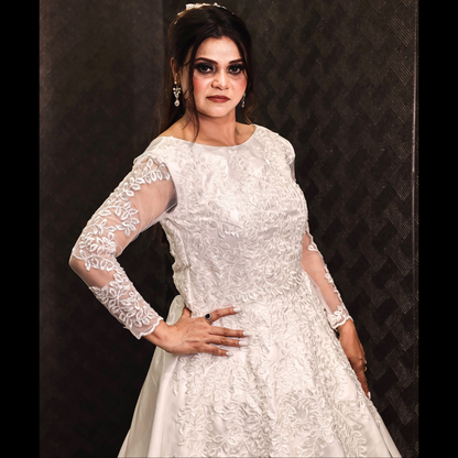 GownLink White Satin Christian Catholic Church Wedding Bridal Train Gown with Lace - GLHMST7