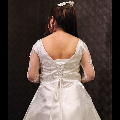 GownLink White Satin Christian Catholic Church Wedding Bridal Train Gown with Lace - GLHMST7