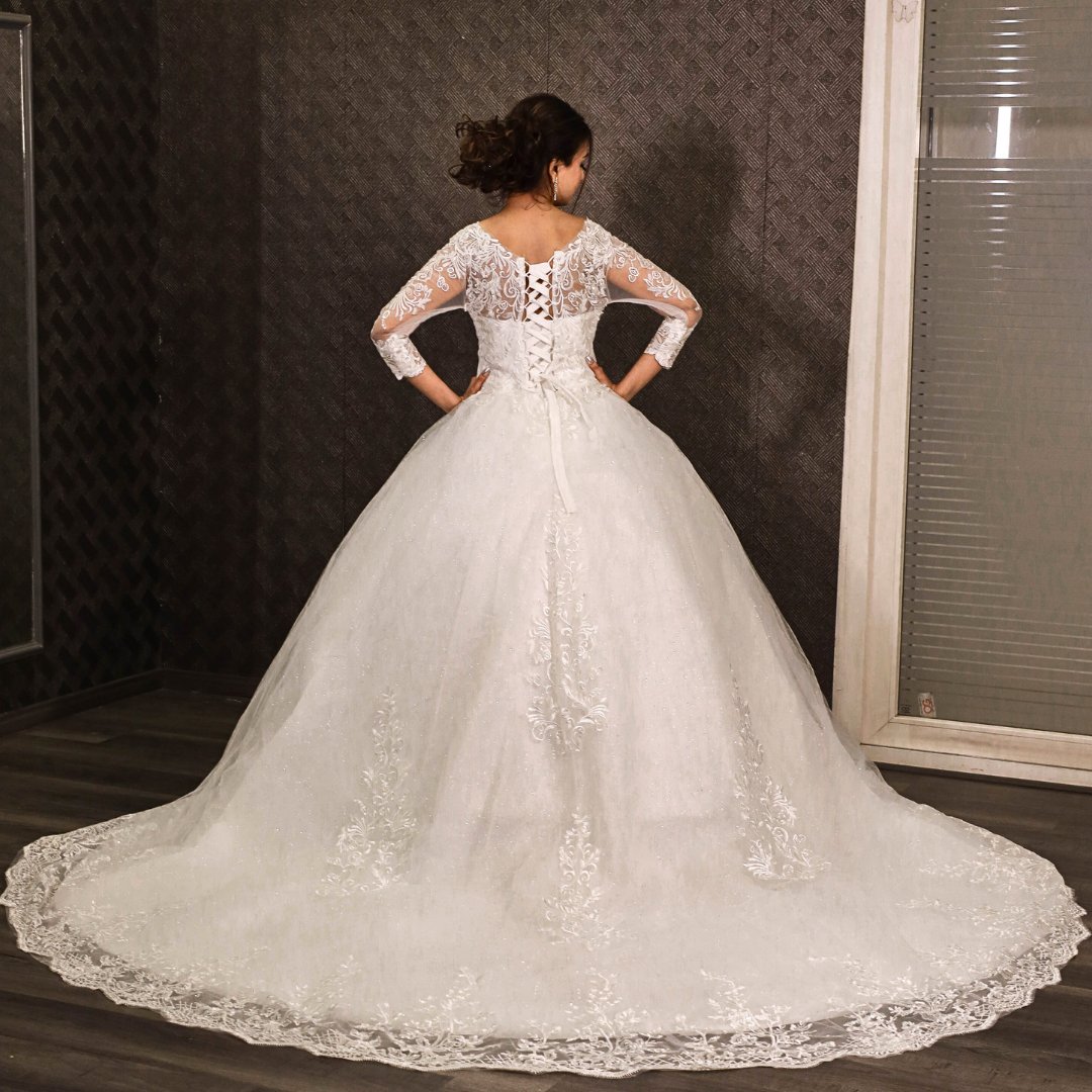 GownLink White Christian Wedding  Train Gown with Long Sleeves GLGF051T